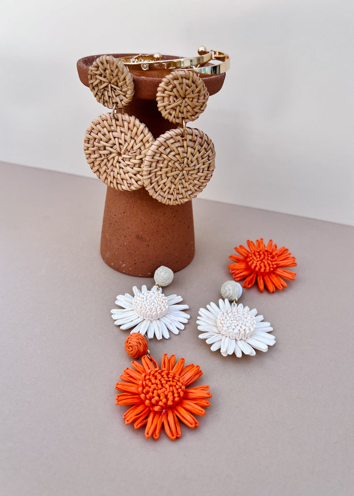 Beige Rattan & Straw Weave Earrings