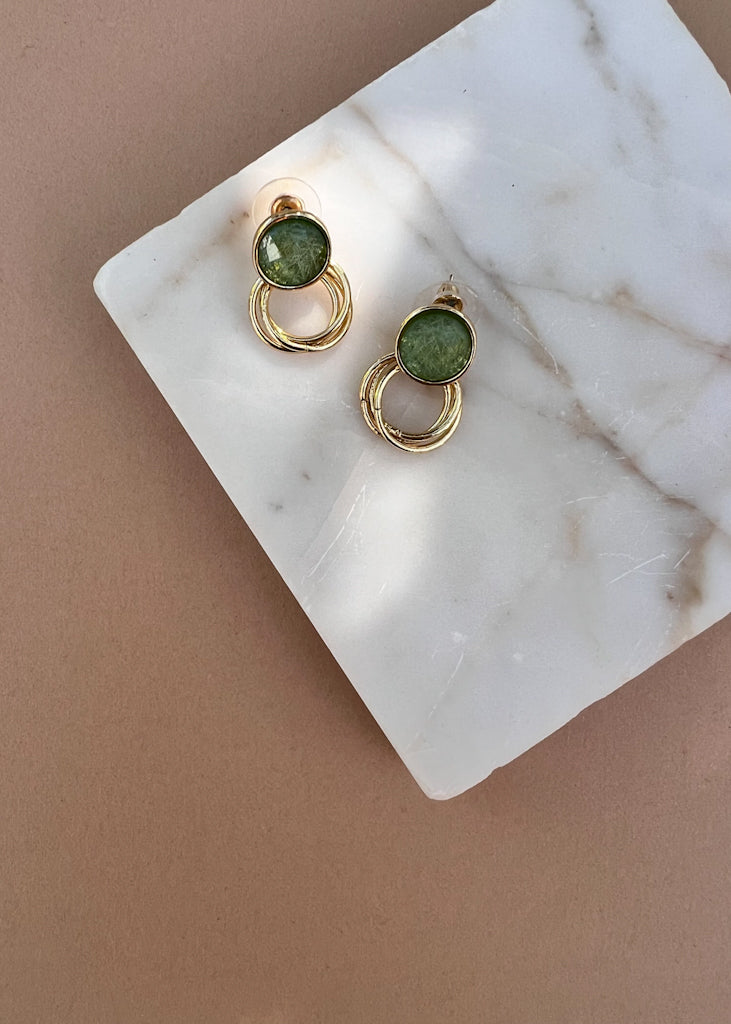 Round Drop Green Earrings