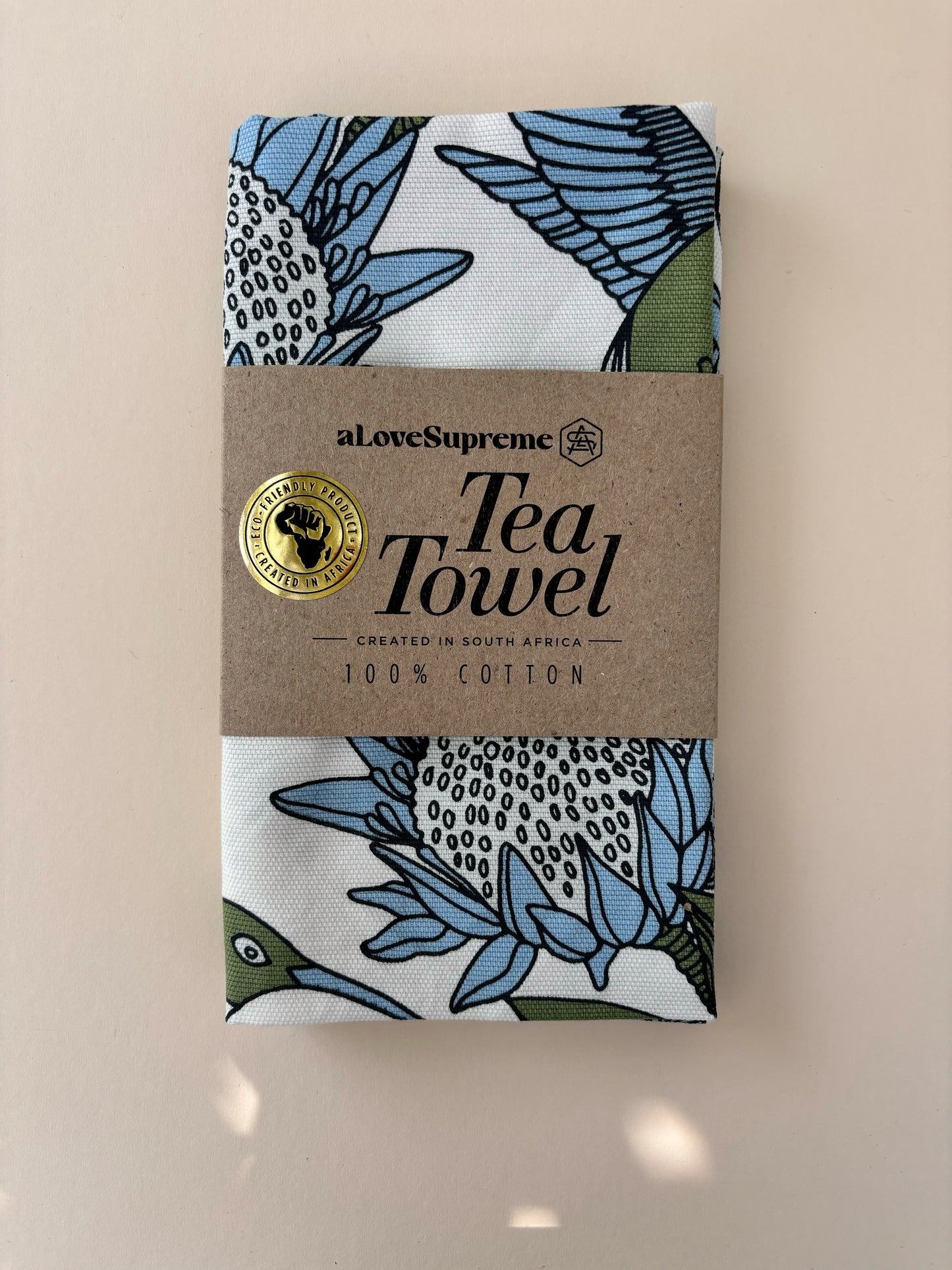 Tea Towel Protea, Blue on White.