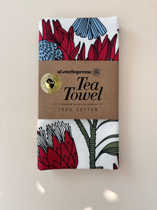 Tea Towel, Protea Red on White