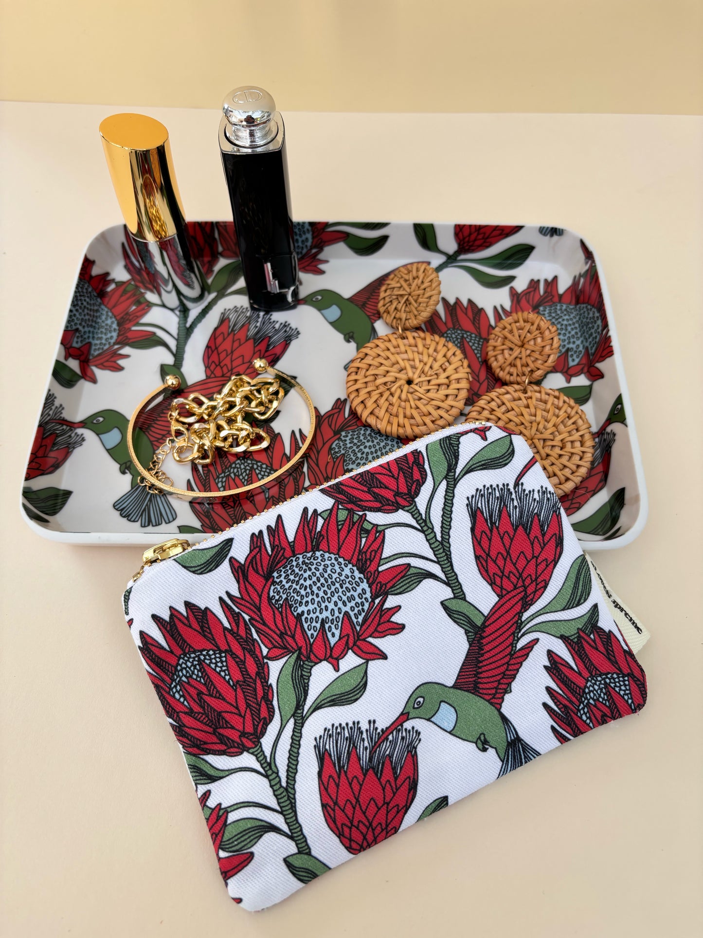 Trinket Tray Protea Red on White (melamine).